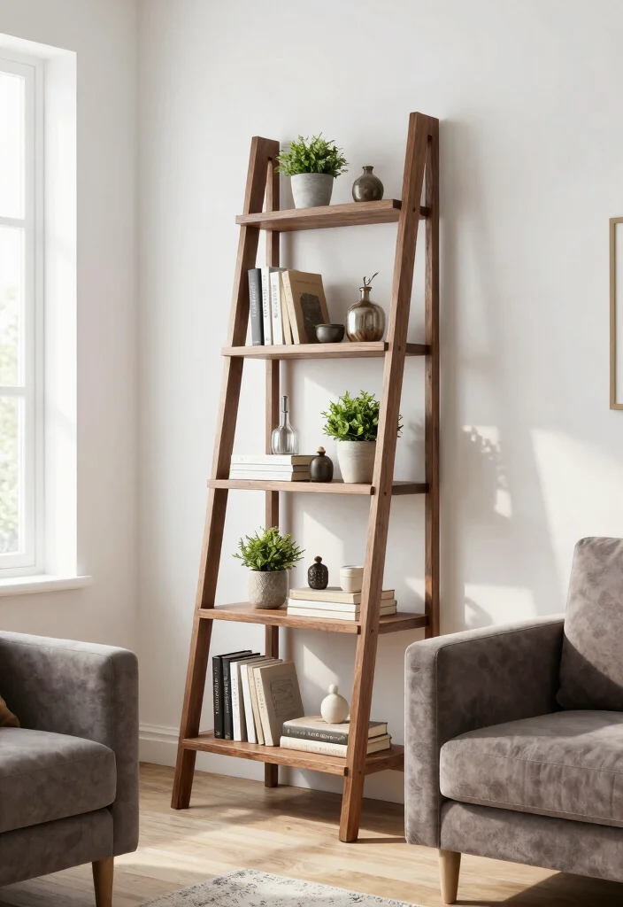 15 Book Shelves in Living Room Ideas: Stylish Storage - 3. Ladder Shelf for a Trendy Look 1