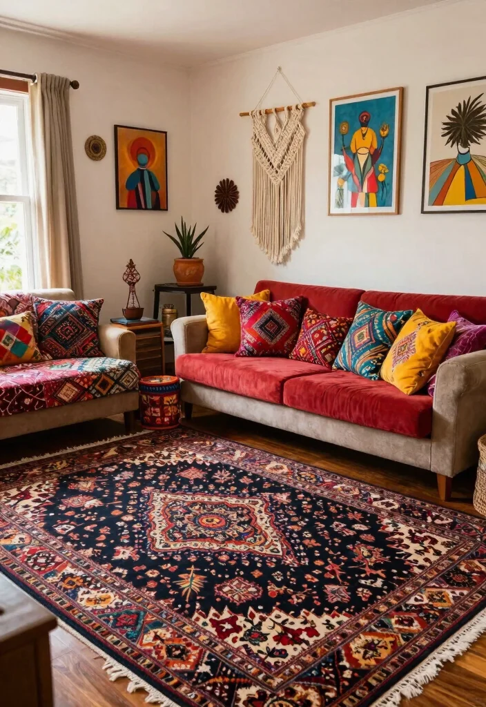 15 Dark Rug Living Room Ideas for a Bold, Grounded Look - 10. Bohemian Vibes with Colorful Accents 1