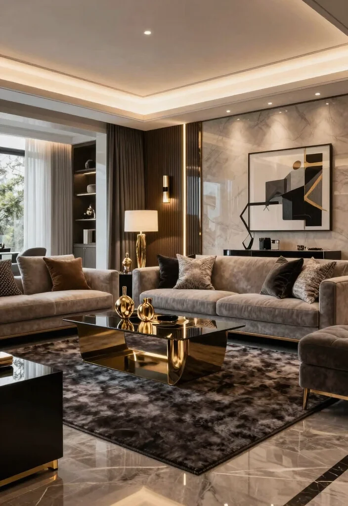15 Dark Rug Living Room Ideas for a Bold, Grounded Look - 11. Modern Glam with Metallic Accents 1