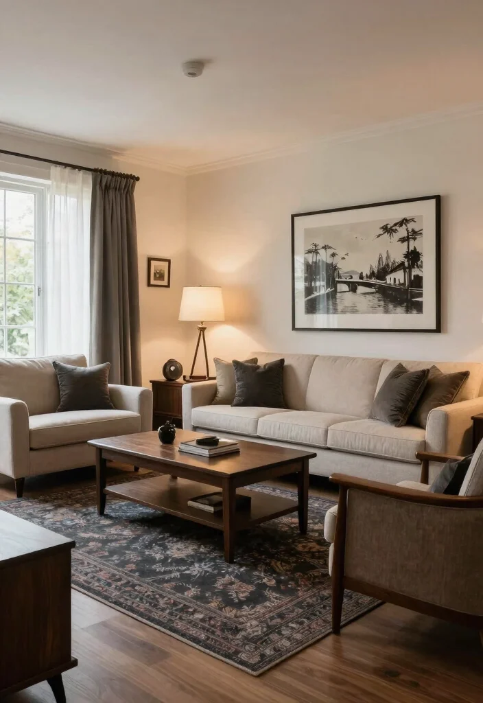 15 Dark Rug Living Room Ideas for a Bold, Grounded Look - 12. Transitional Styles for Timeless Appeal 1