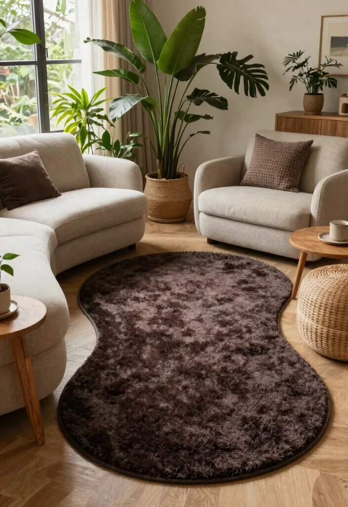 15 Dark Rug Living Room Ideas for a Bold, Grounded Look - 13. A Touch of Nature with Organic Shapes 1