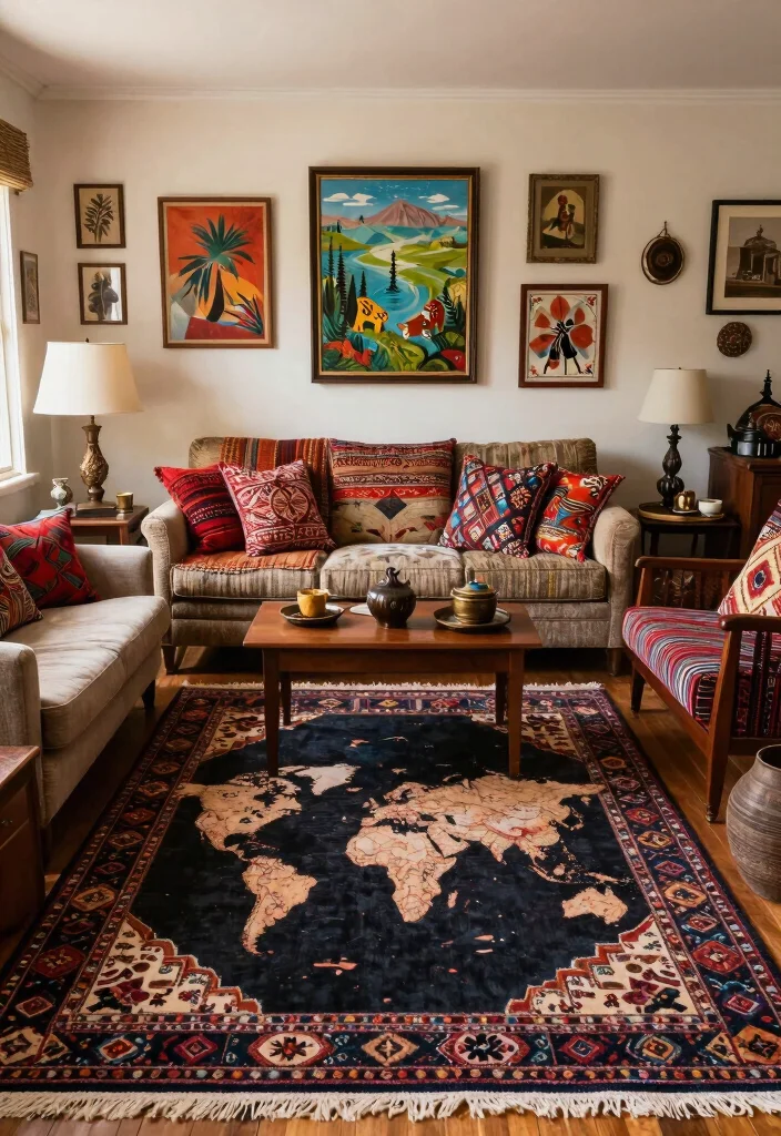 15 Dark Rug Living Room Ideas for a Bold, Grounded Look - 14. Cultural Inspirations with Global Flair 1