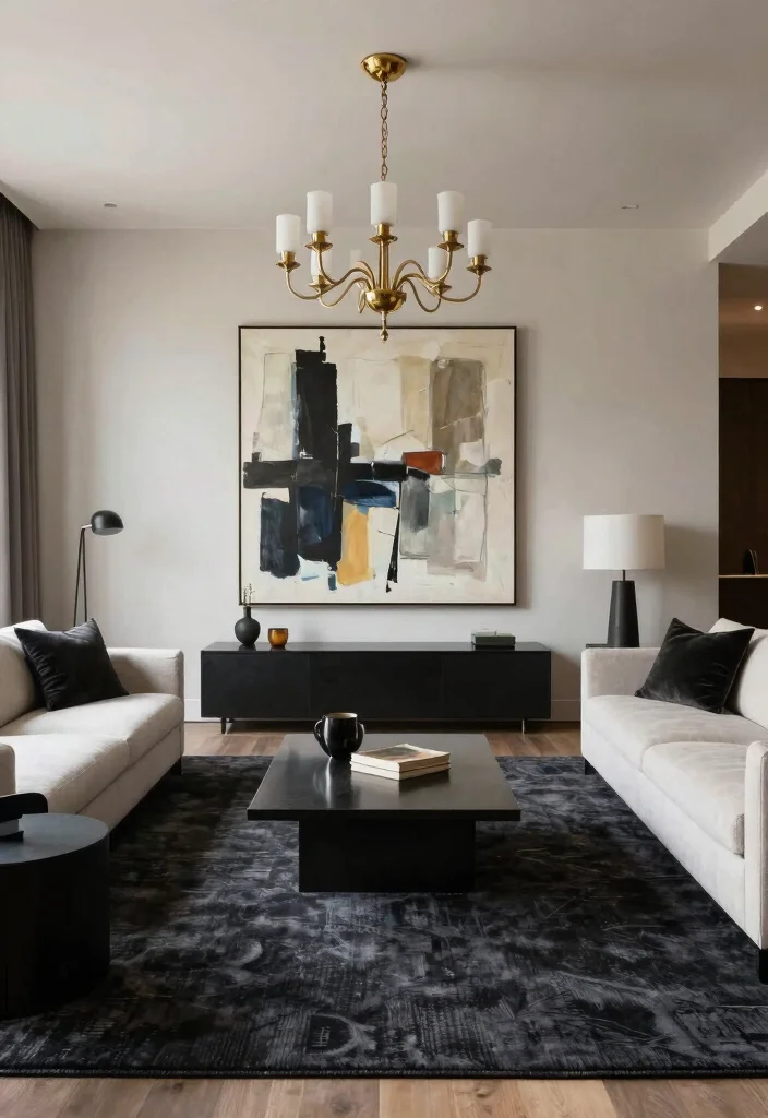 15 Dark Rug Living Room Ideas for a Bold, Grounded Look - 15. Statement Pieces with a Dark Rug Foundation 1