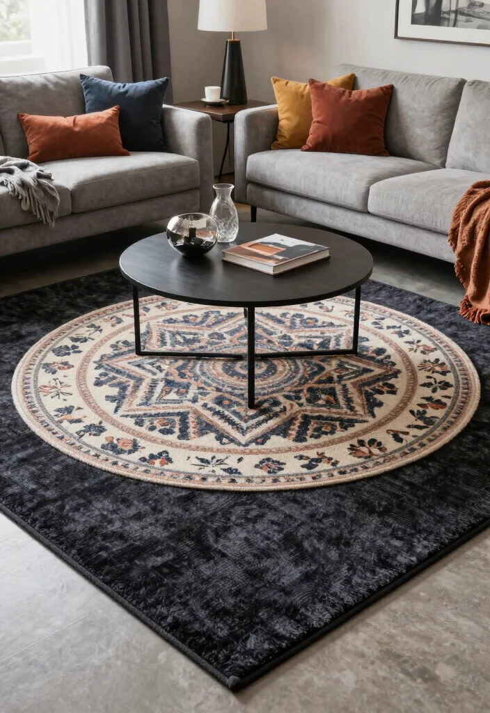 15 Dark Rug Living Room Ideas for a Bold, Grounded Look - 5. Layering Rugs for Complex Textures 1