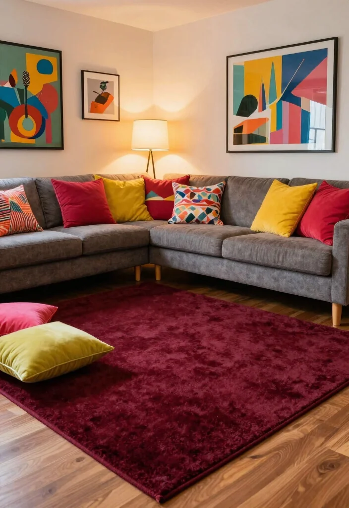 15 Dark Rug Living Room Ideas for a Bold, Grounded Look - 7. Play with Color Accents 1