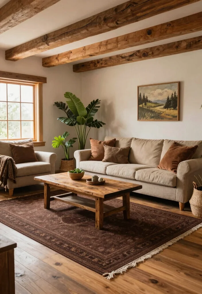 15 Dark Rug Living Room Ideas for a Bold, Grounded Look - 8. Rustic Charm with Earthy Tones 1