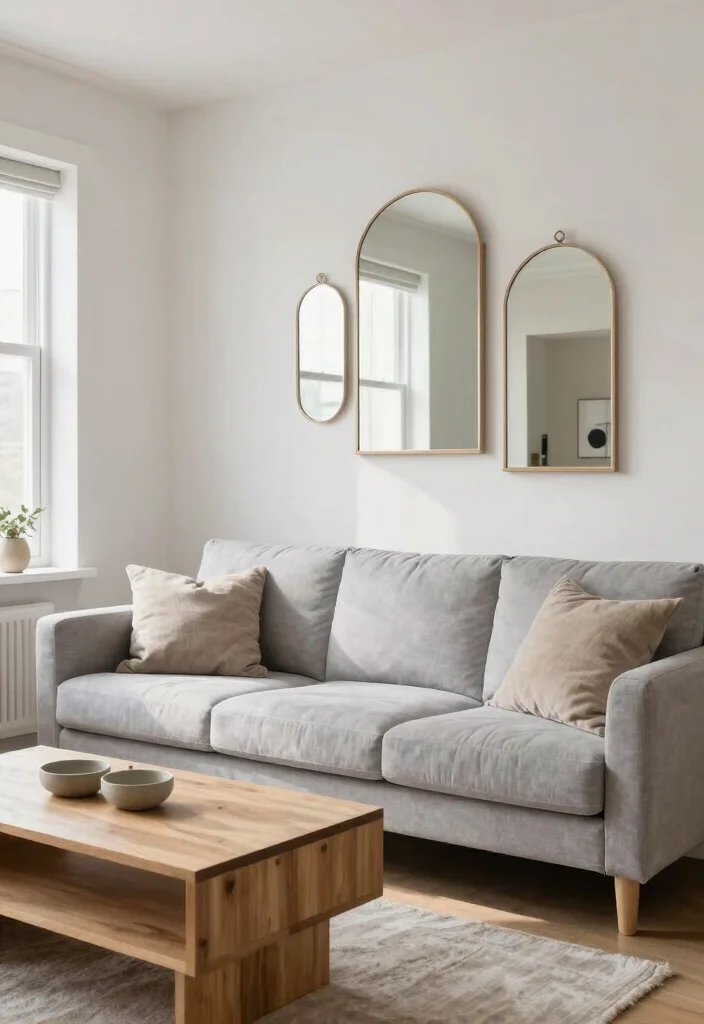 15 Light Grey Sofa Living Room Ideas Bright Neutral Style - 12. Using Mirrors to Enhance Light 1