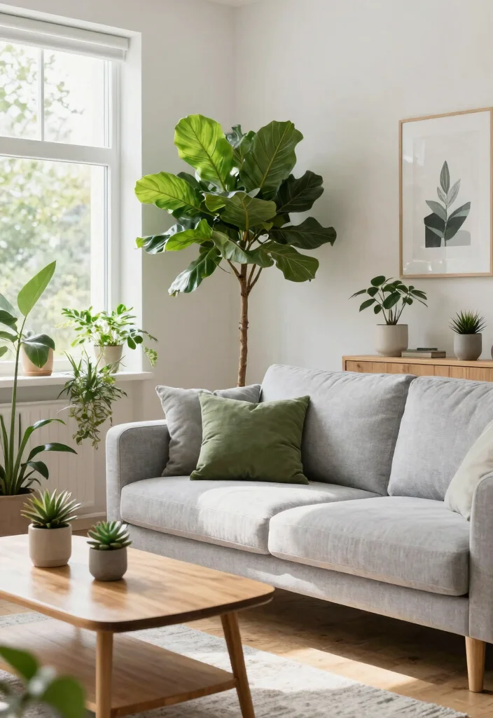 15 Light Grey Sofa Living Room Ideas Bright Neutral Style - 3. Adding Plants for Freshness 1