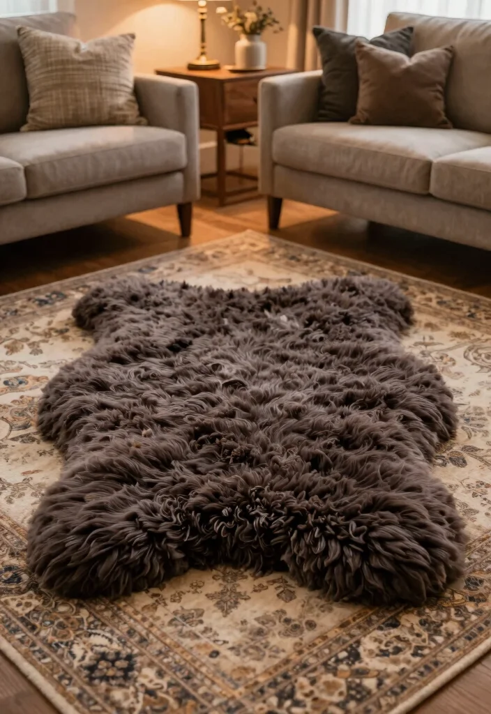 15 Moody Living Room Rug Ideas Deep Cozy Drama - 14. Soft Sheepskin Accents 1