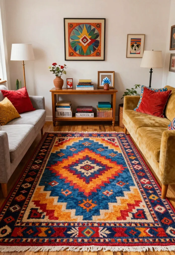 15 Moody Living Room Rug Ideas Deep Cozy Drama - 15. Funky Retro Designs 1