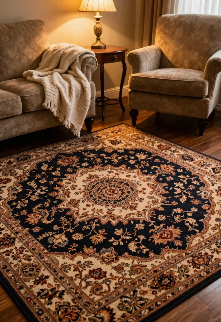 15 Moody Living Room Rug Ideas Deep Cozy Drama - 6. Vintage Floral Prints 1