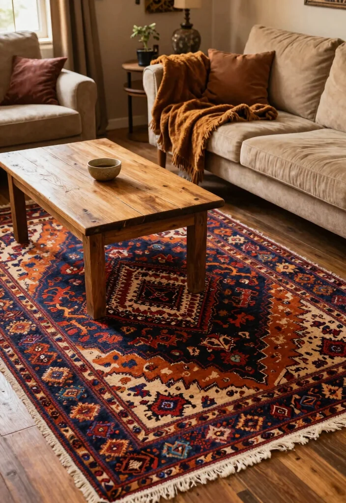 15 Moody Living Room Rug Ideas Deep Cozy Drama - 9. Rich Tones with Vintage Kilims 1