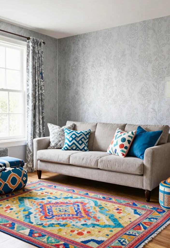 15 Silver Wallpaper Living Room Ideas for Subtle Glam Shine - 11. Mixing Silver Wallpaper with Other Patterns 1