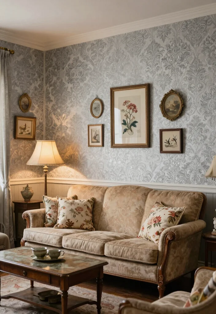 15 Silver Wallpaper Living Room Ideas for Subtle Glam Shine - 12. Vintage-Inspired Silver Wallpaper 1