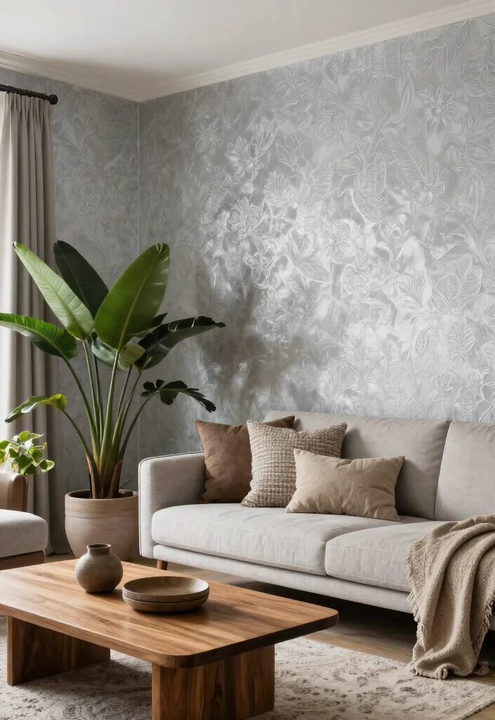 15 Silver Wallpaper Living Room Ideas for Subtle Glam Shine - 13. Combining Silver Wallpaper with Natural Elements 1
