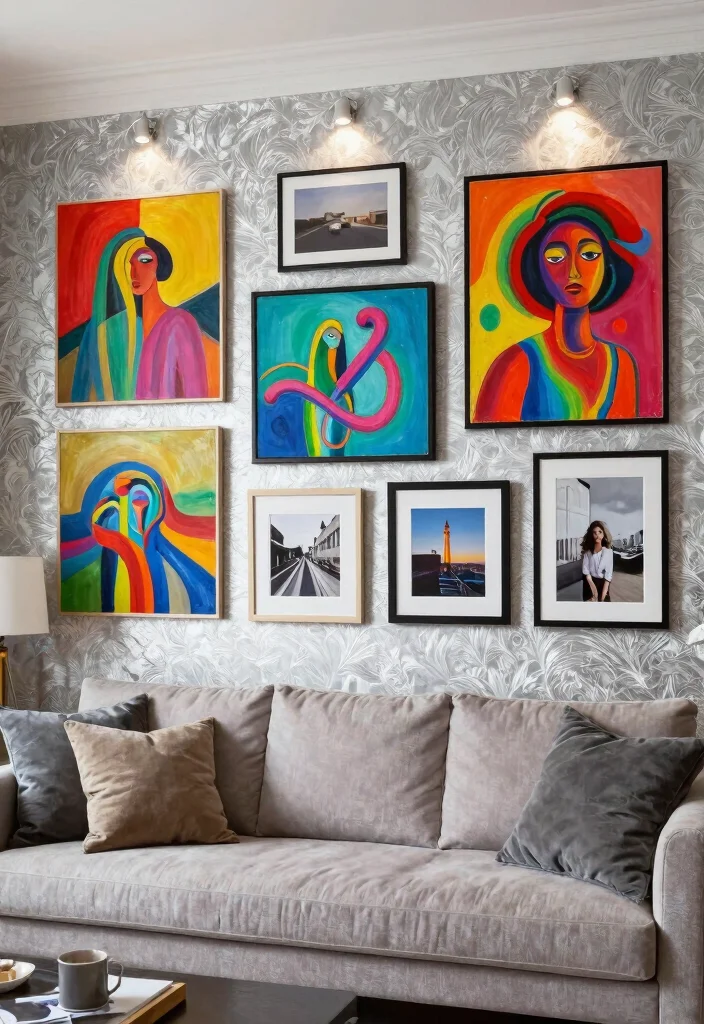 15 Silver Wallpaper Living Room Ideas for Subtle Glam Shine - 14. Silver Wallpaper as a Backdrop for Art 1