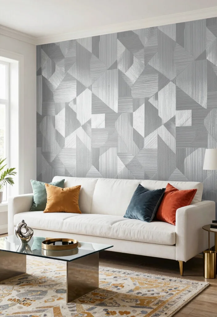 15 Silver Wallpaper Living Room Ideas for Subtle Glam Shine - 2. Geometric Silver Patterns for Modern Vibes 1