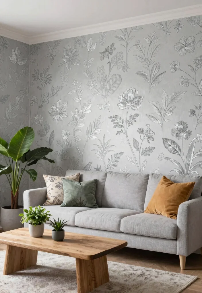 15 Silver Wallpaper Living Room Ideas for Subtle Glam Shine - 3. Silver Wallpaper with Nature-Inspired Designs 1