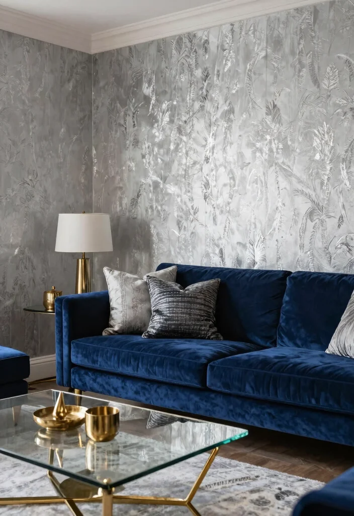 15 Silver Wallpaper Living Room Ideas for Subtle Glam Shine - 5. Silver Wallpaper with Metallic Accents 1