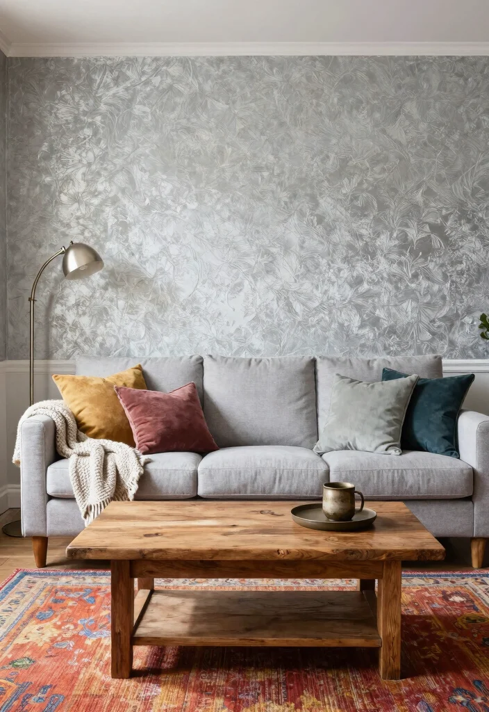 15 Silver Wallpaper Living Room Ideas for Subtle Glam Shine - 7. Layering Textures with Silver Wallpaper 1