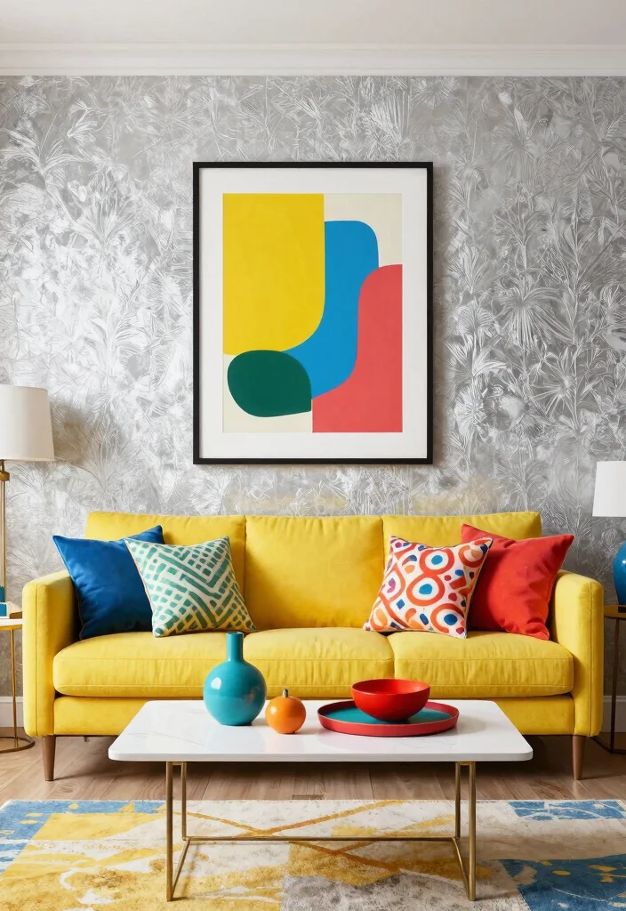 15 Silver Wallpaper Living Room Ideas for Subtle Glam Shine - 8. Silver Wallpaper with Bold Color Accents 1