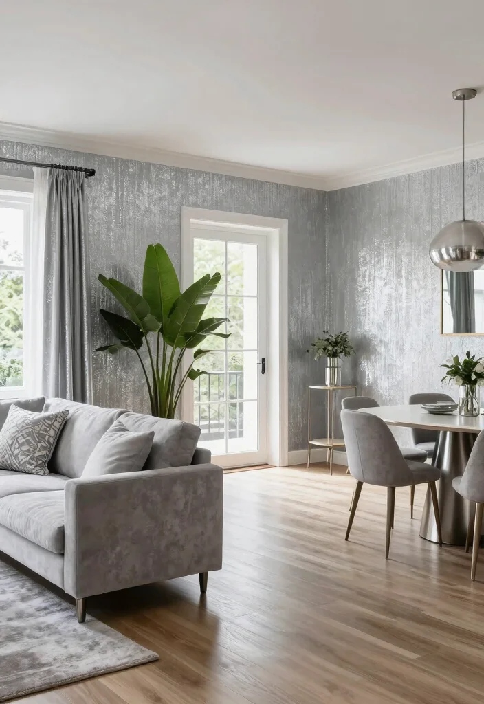 15 Silver Wallpaper Living Room Ideas for Subtle Glam Shine - 9. Incorporating Silver Wallpaper in Open Spaces 1