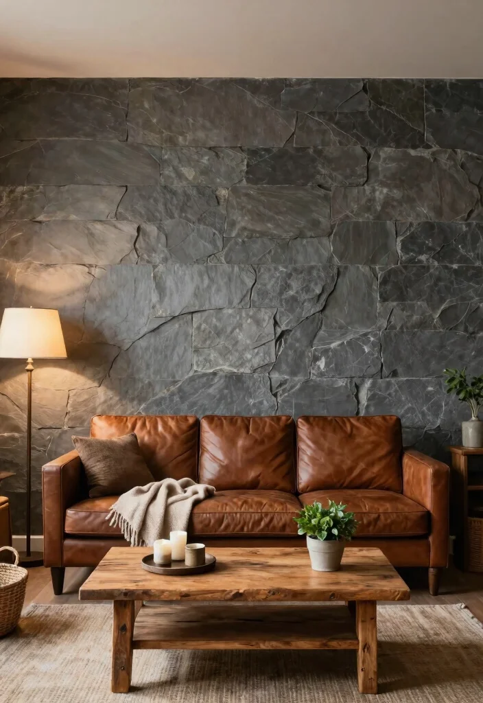 15 Slate Wall Living Room Ideas Textured Modern Mood - 1. Rustic Charm with Slate Accents 1