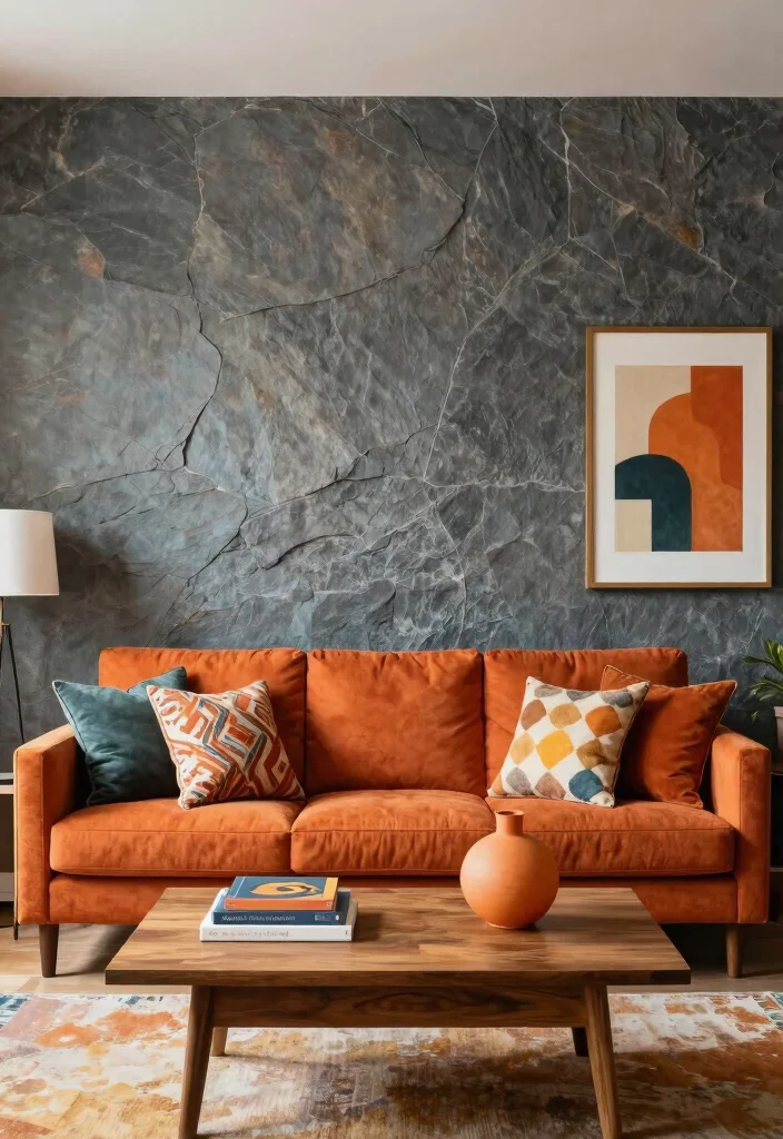 15 Slate Wall Living Room Ideas Textured Modern Mood - 11. Warmth with Color Contrast 1