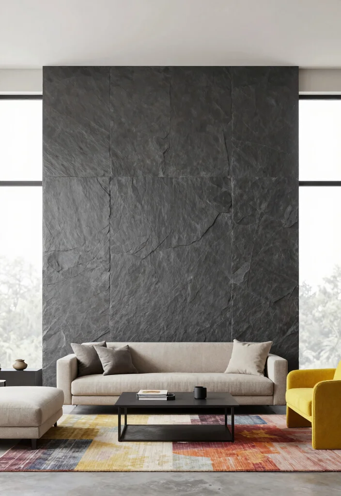 15 Slate Wall Living Room Ideas Textured Modern Mood - 15. Minimalist Slate Walls with Bold Accents 1