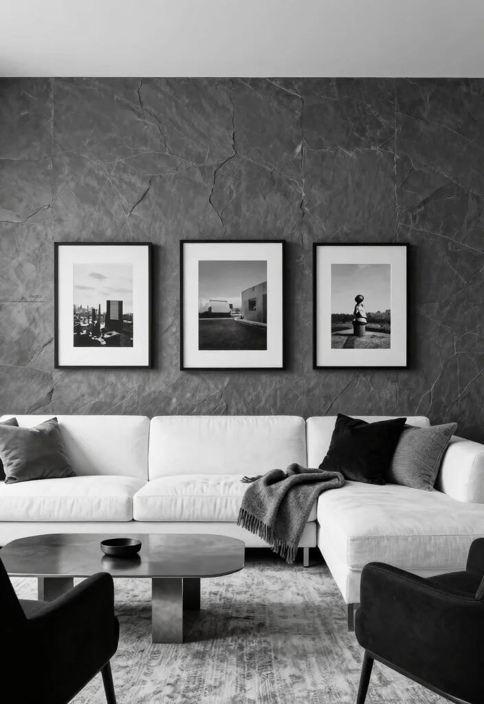 15 Slate Wall Living Room Ideas Textured Modern Mood - 4. Monochrome Slate Wall and Decor 1