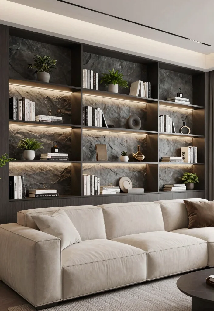 15 Slate Wall Living Room Ideas Textured Modern Mood - 6. Slate Wall with Built-in Shelves 1
