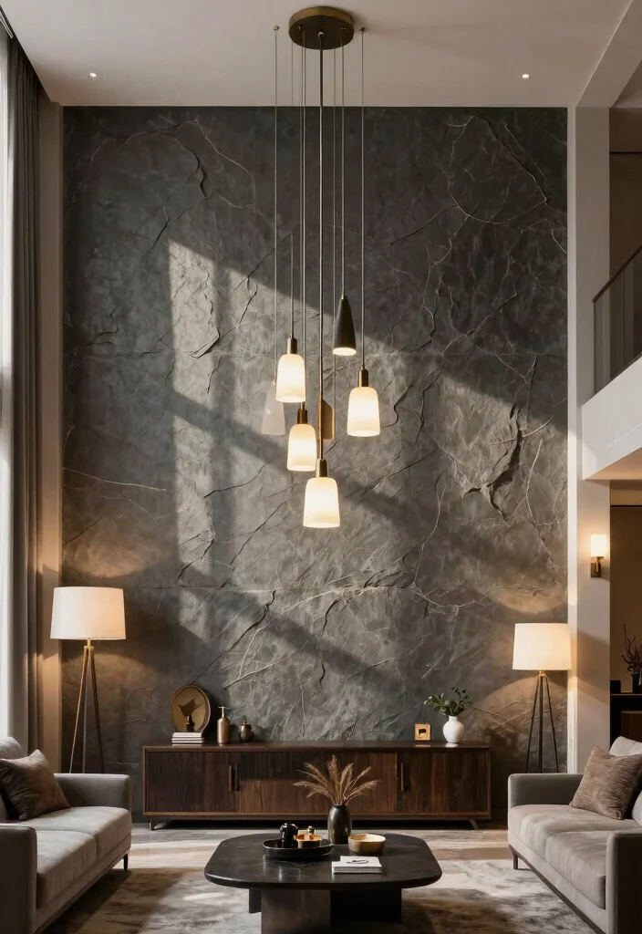 15 Slate Wall Living Room Ideas Textured Modern Mood - 8. Statement Lighting Against Slate Walls 1