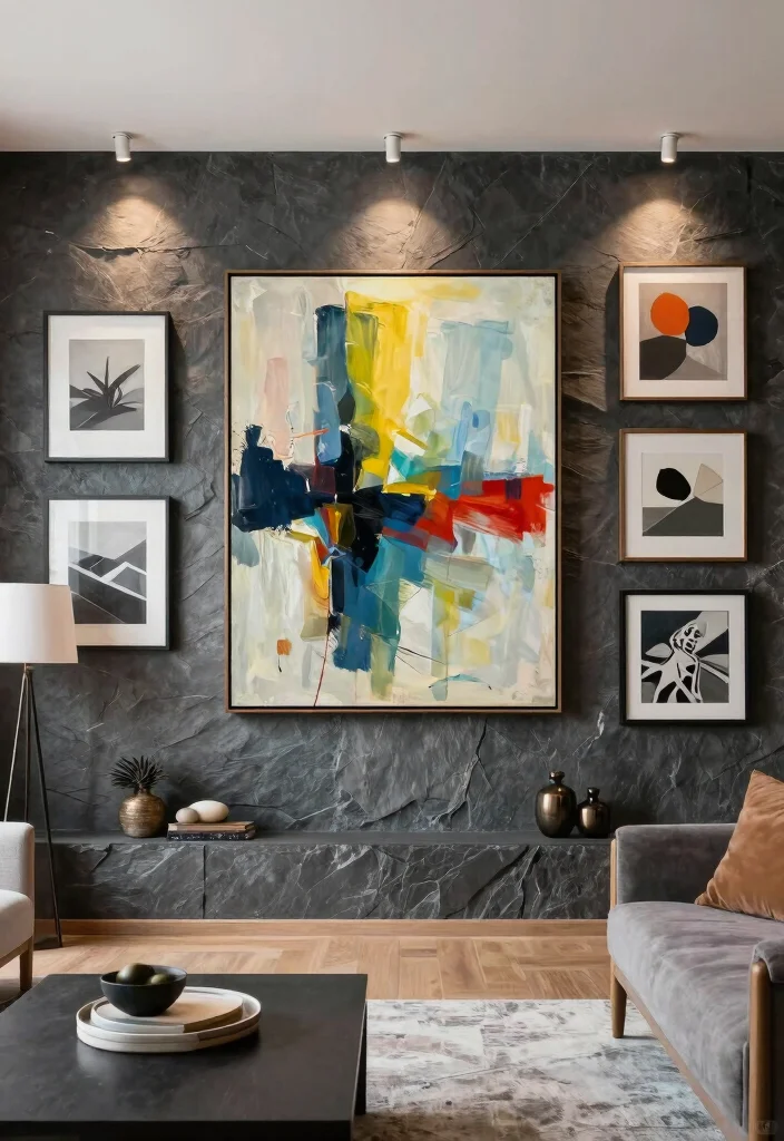 15 Slate Wall Living Room Ideas Textured Modern Mood - 9. Incorporating Artwork with Slate 1