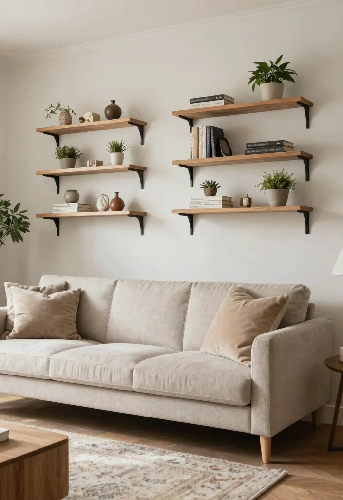 15 Sofa Setting in Living Room Ideas for Balanced Layouts - 13. Sofa Settings with Wall Shelves 1