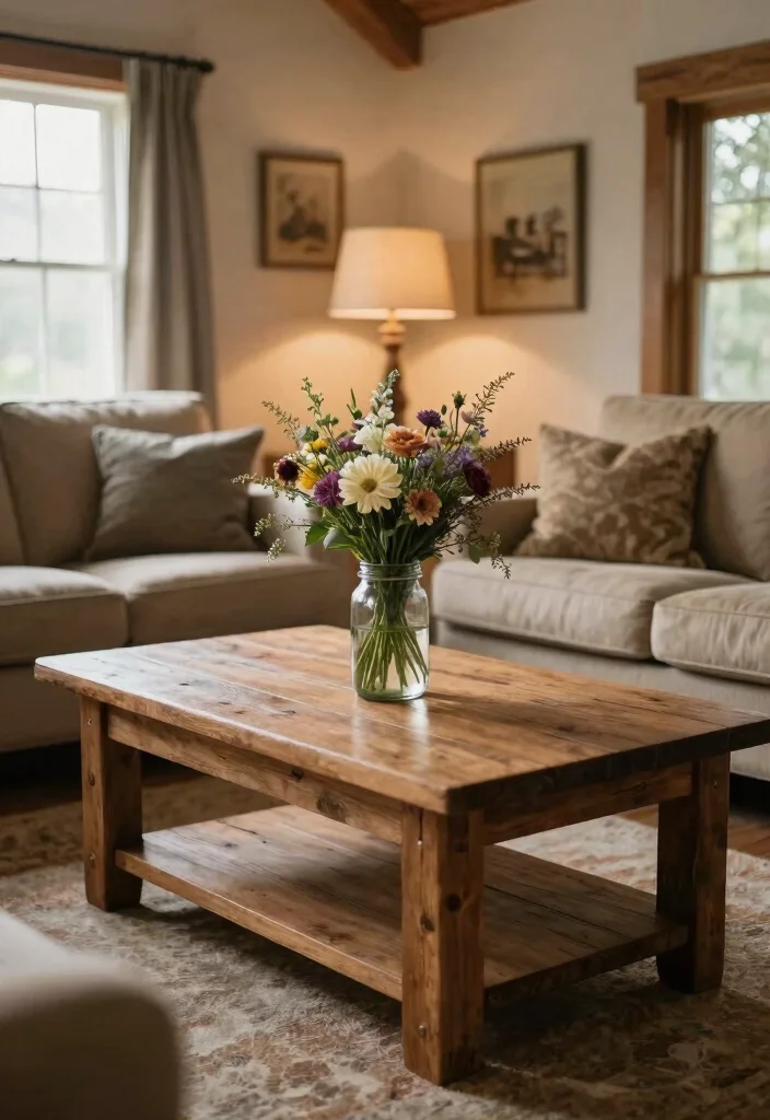 15 Table in Living Room Ideas for Everyday Practical Style - 11. Rustic Farmhouse Tables 1