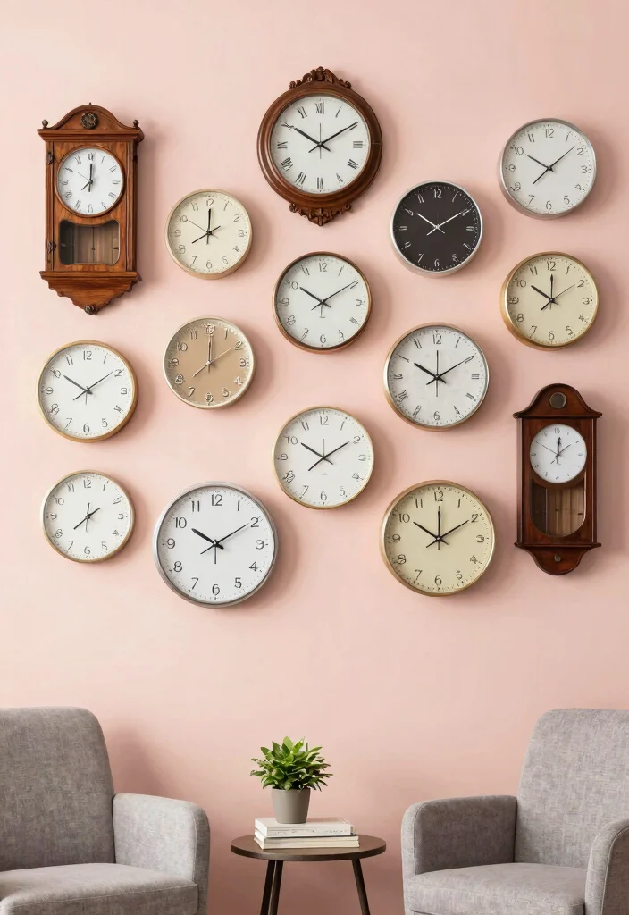 15 Wall Clock Living Room Ideas: Functional Decor - 1. Gallery Wall of Timepieces 1