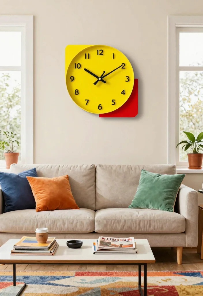15 Wall Clock Living Room Ideas: Functional Decor - 10. Retro Vibes with Colorful Clocks 1