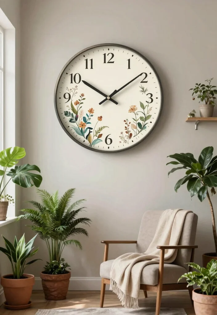 15 Wall Clock Living Room Ideas: Functional Decor - 14. Clocks with Natural Motifs 1
