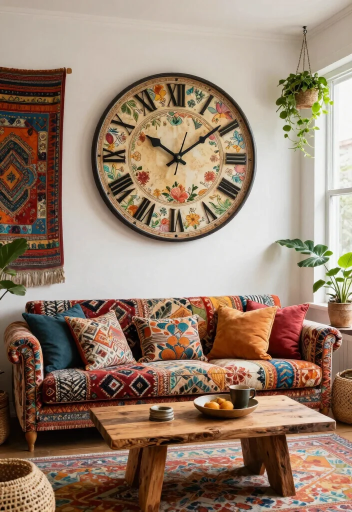 15 Wall Clock Living Room Ideas: Functional Decor - 6. Bohemian Style Clocks 1