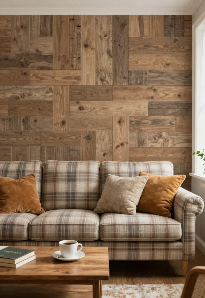 16 3D Wallpaper for Living Room Ideas: Depth and Drama - 13. Rustic Charm with Wood Paneling 1