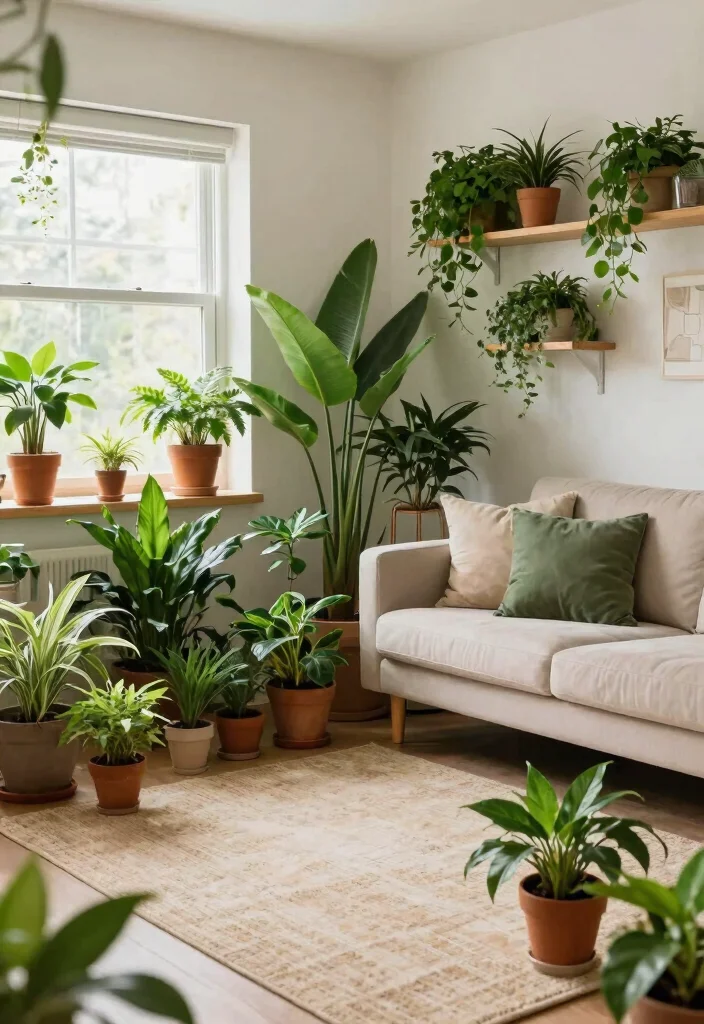 16 Beige Rug Living Room Ideas for a Soft, Timeless Style - 8. The Power of Greenery 1