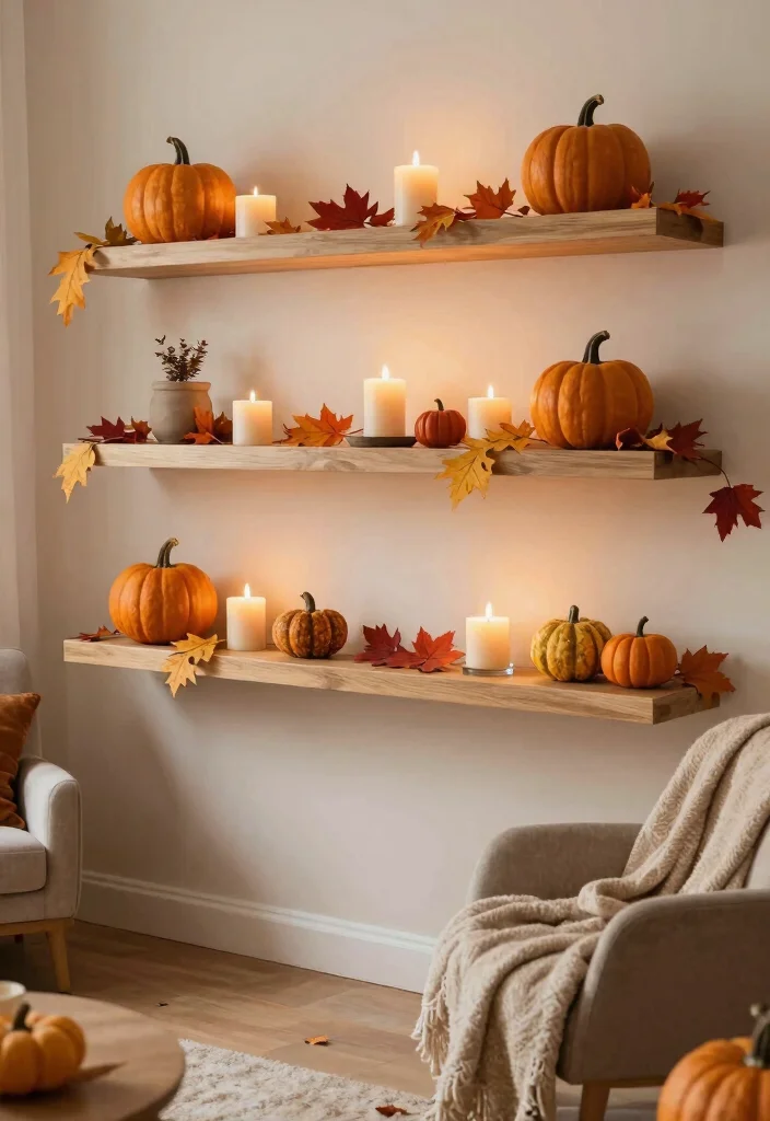 16 DIY Floating Shelves Living Room Ideas Budget Friendly Chic - 12. Seasonal Decorative Shelves 1