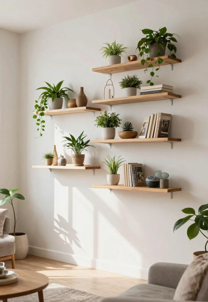 16 DIY Floating Shelves Living Room Ideas Budget Friendly Chic - 13. Multi-Level Floating Shelves 1