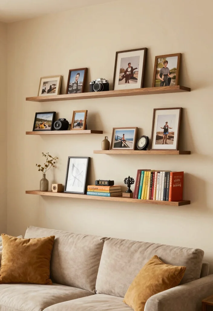 16 DIY Floating Shelves Living Room Ideas Budget Friendly Chic - 14. Personalized Shelving 1