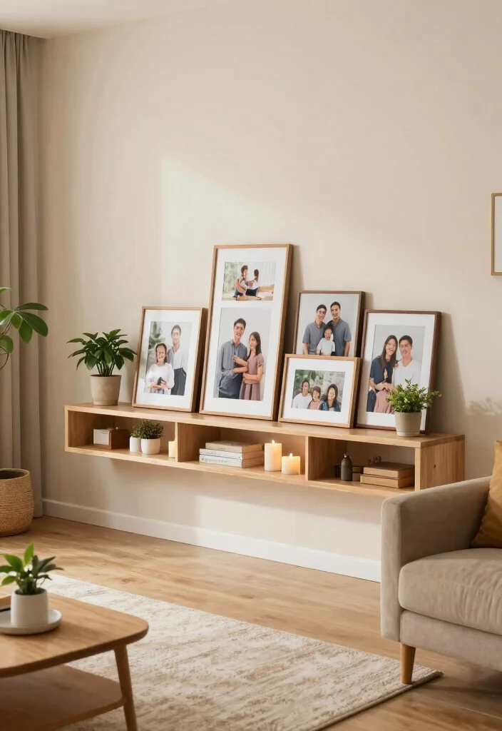 16 DIY Floating Shelves Living Room Ideas Budget Friendly Chic - 15. Family Gallery Shelf 1
