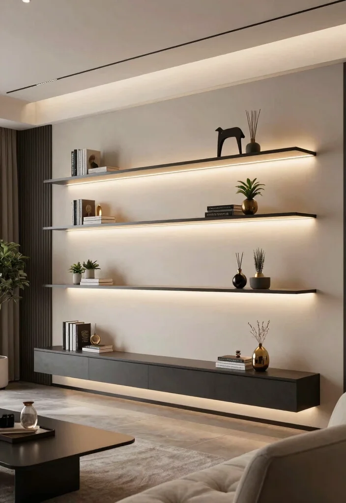 16 DIY Floating Shelves Living Room Ideas Budget Friendly Chic - 16. DIY Floating Shelves with Lighting 1