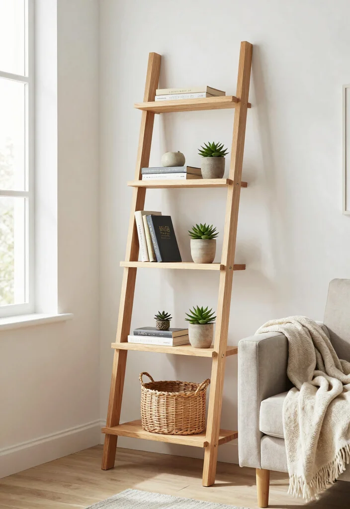 16 DIY Floating Shelves Living Room Ideas Budget Friendly Chic - 3. Ladder Shelf Style 1