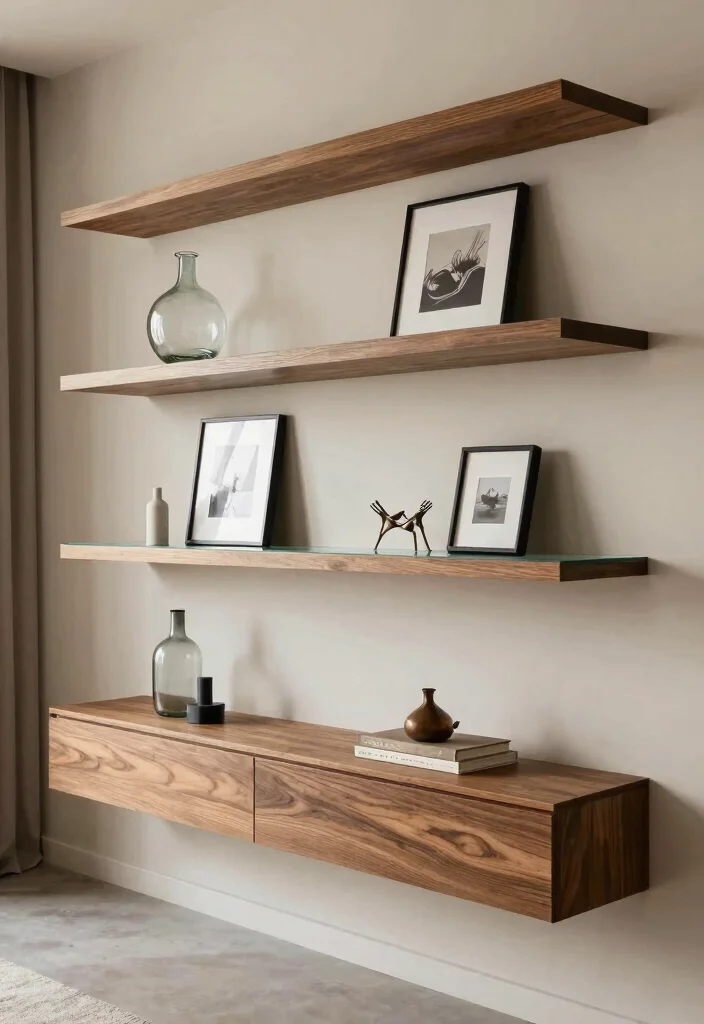 16 DIY Floating Shelves Living Room Ideas Budget Friendly Chic - 8. Mixed Material Shelving 1