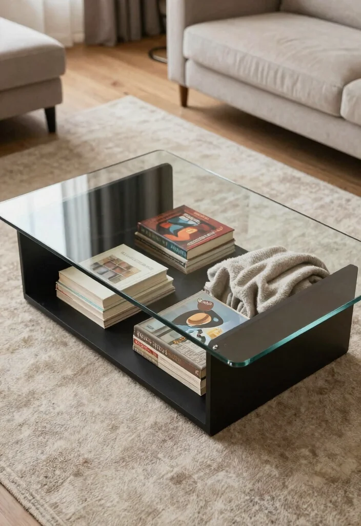 16 Living Room Glass Table Ideas for a Light, Elegant Touch - 11. Glass Coffee Tables with Built-In Storage 1