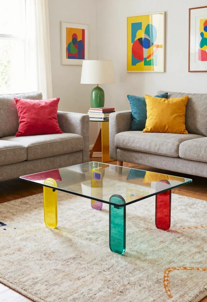 16 Living Room Glass Table Ideas for a Light, Elegant Touch - 9. Glass Tables with Pops of Color 1